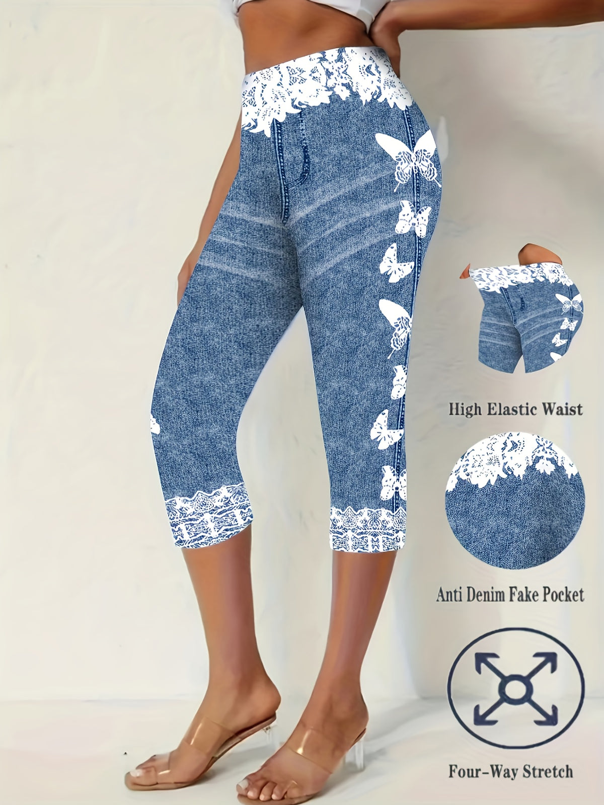 Printed Stretch Capri Leggings for Women – Peacock Blue Beach Style Fashion Seven-Eighths Pants, Stretchy Slim Fit Cropped Bottoms, Casual Summer, S-XXL