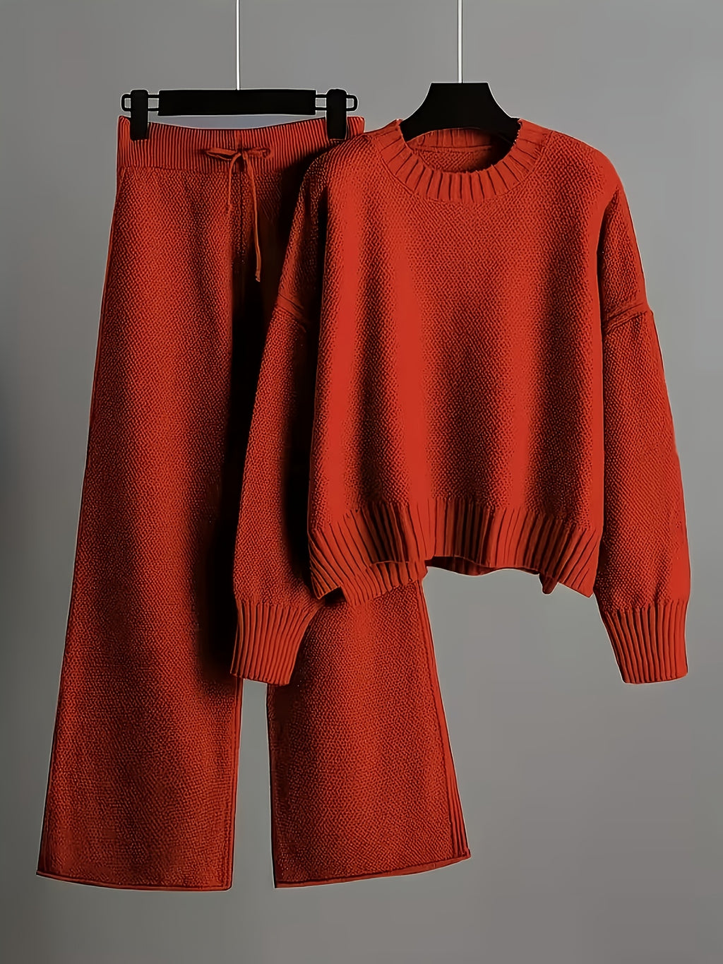 2pcs Sweater Set Women Seed Stitch Crewneck Drop Shoulder Long Sleeve Top Drawstring Wide Leg Pants Retro Autumn Lounge