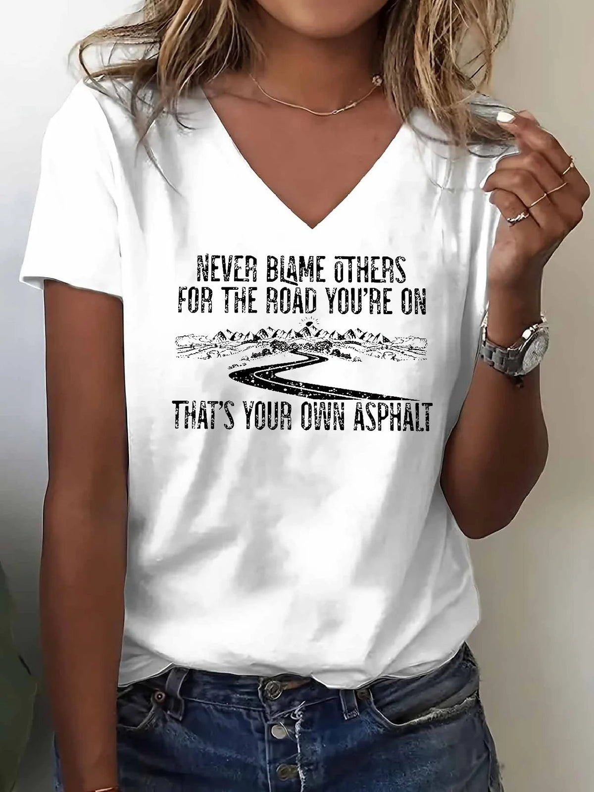 Women's V-Neck Short Sleeve Inspirational Print T-Shirt "Never Blame Others" Casual Breathable Top Multi-Color S-XXL