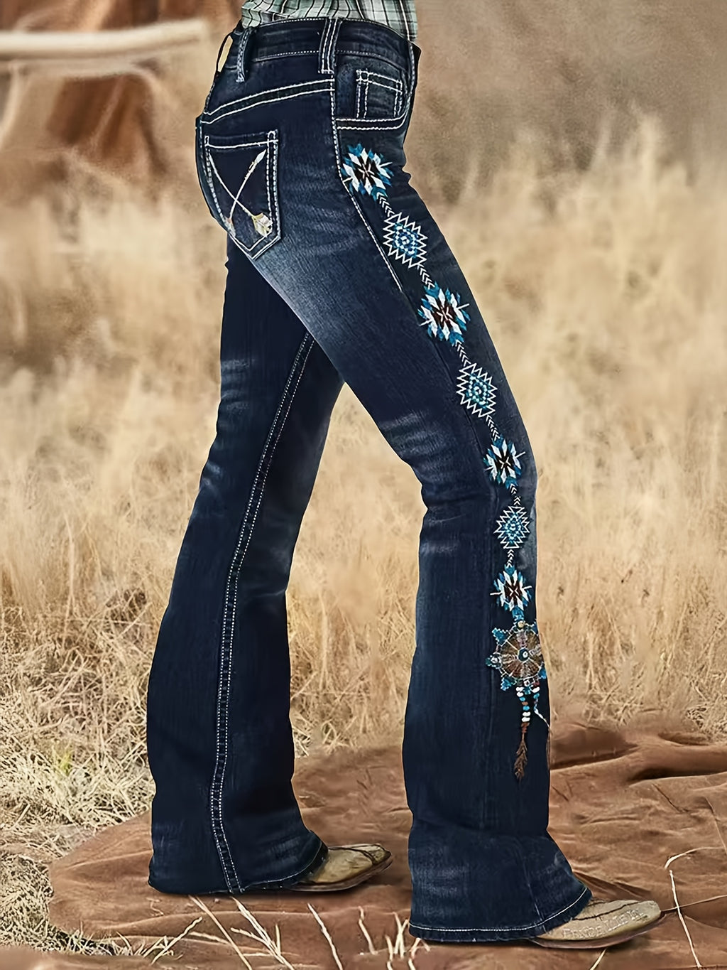 Flare Jeans Women Embroidered Mid Rise Bell Bottom Stretch Denim Floral Geometric Print Blue Wash Casual All Season Boho Pants