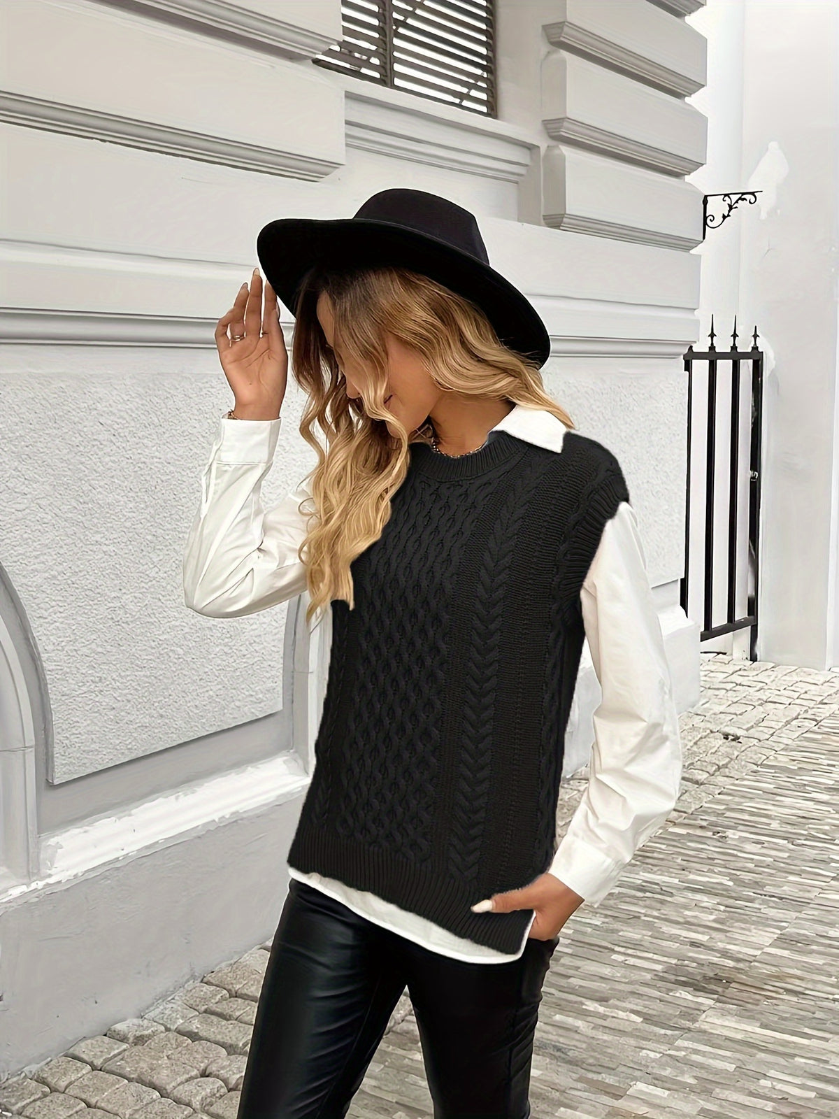 Cable Knit Sweater Vest Women Sleeveless Round Neck Slit Hem Solid Color Layering Top - Casual Semi-Formal Acrylic Knitwear Spring Summer Fall