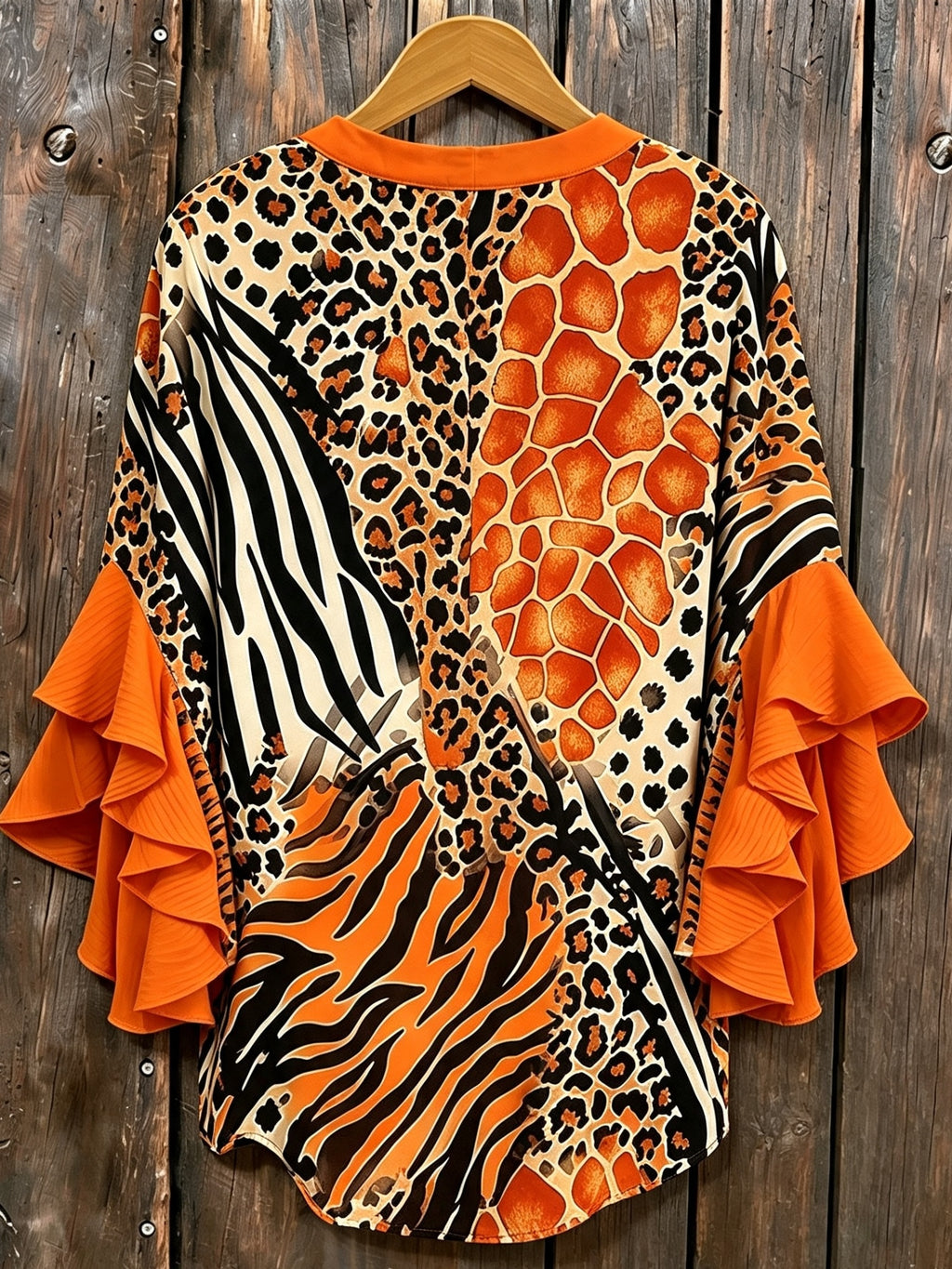 Animal Print Ruffle Sleeve Tunic Top Women V-Neck Long Blouse Three Quarter Patchwork Loose Fit Casual Daily Commute Date Night 95% Polyester