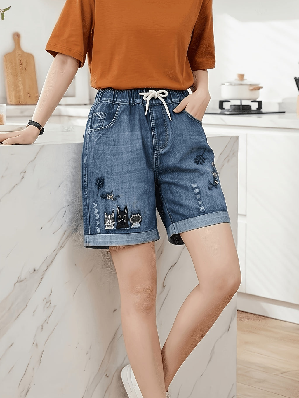 Cat Embroidered Denim Shorts for Women - Loose Fit Elastic Drawstring Waist, Wide Leg Casual Jean Shorts with Pockets, Cute Streetwear Style for Summer