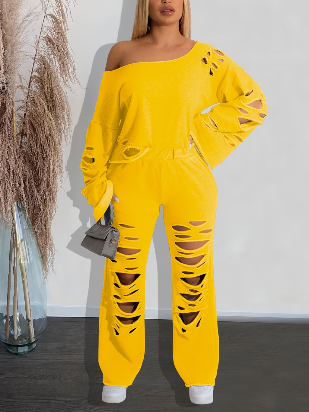 Distressed 2 Piece Set Women Off Shoulder Long Sleeve Top and Ripped Pants Streetwear Outfit - Casual Party Knit Co-ord Spring Fall