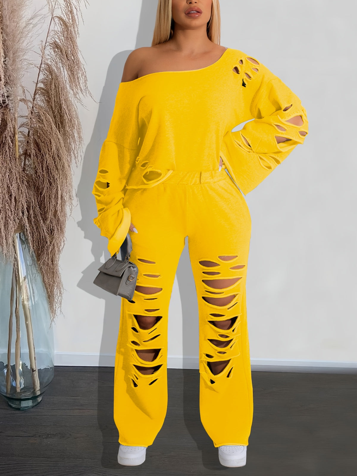 Distressed 2 Piece Set Women Off Shoulder Long Sleeve Top and Ripped Pants Streetwear Outfit - Casual Party Knit Co-ord Spring Fall