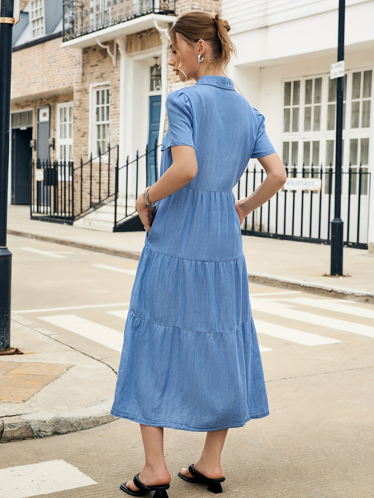 Lyocell Tiered Ruffle Hem Denim Dress Women V-Neck Short Sleeve Maxi Floor-Length Light Blue Casual Vacation All-Season Regular Fit