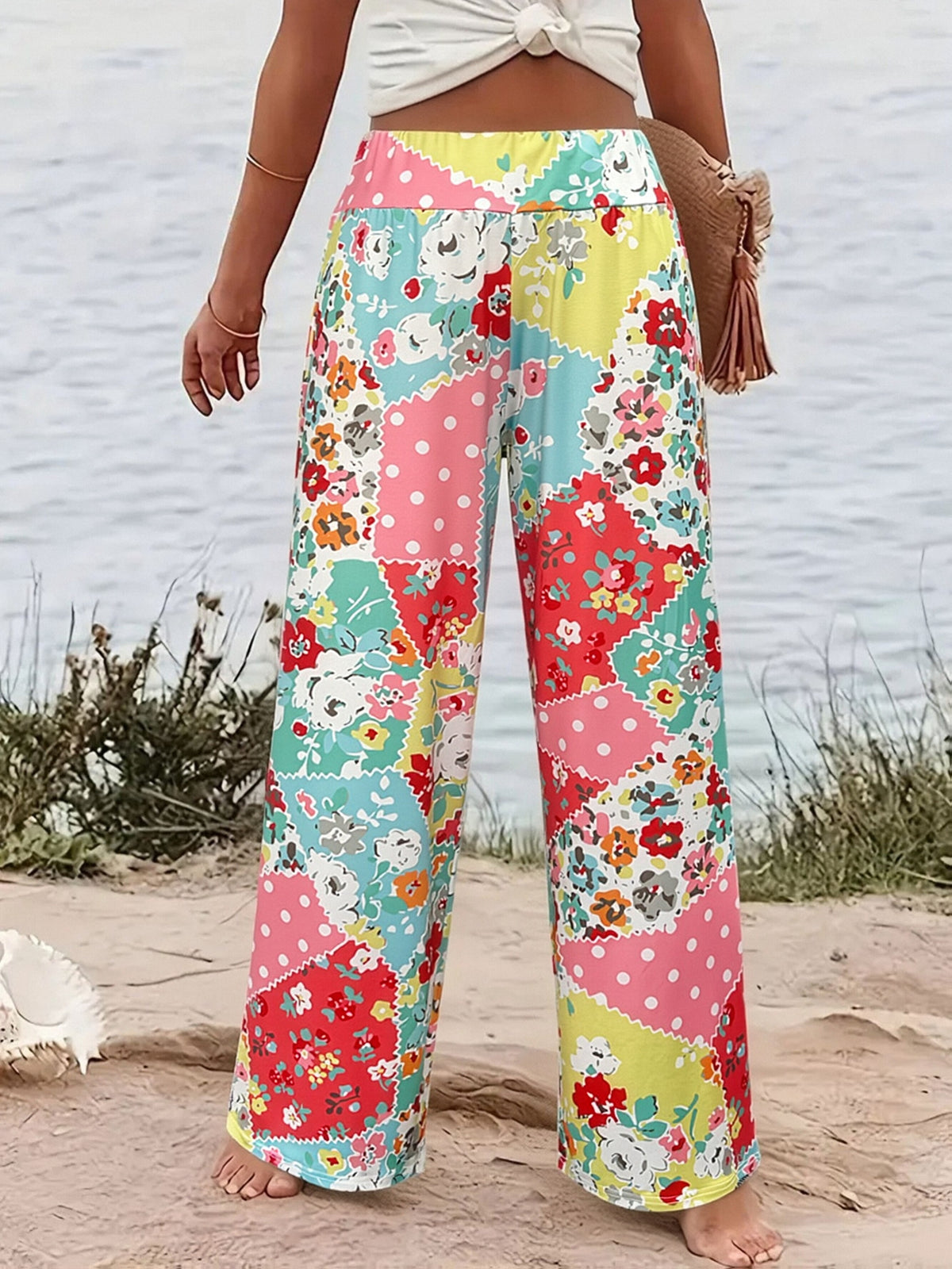 Floral Patchwork Loose Long Pants Women Casual Cute Print Wide Leg Summer Trousers Comfortable Everyday Wear