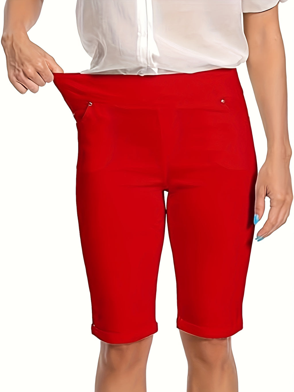 High Waist Bermuda Shorts Women Stretchy Pull On 5 Pockets Cuffed Hem Non See Through Machine Washable Office Casual All Season XS-XXL