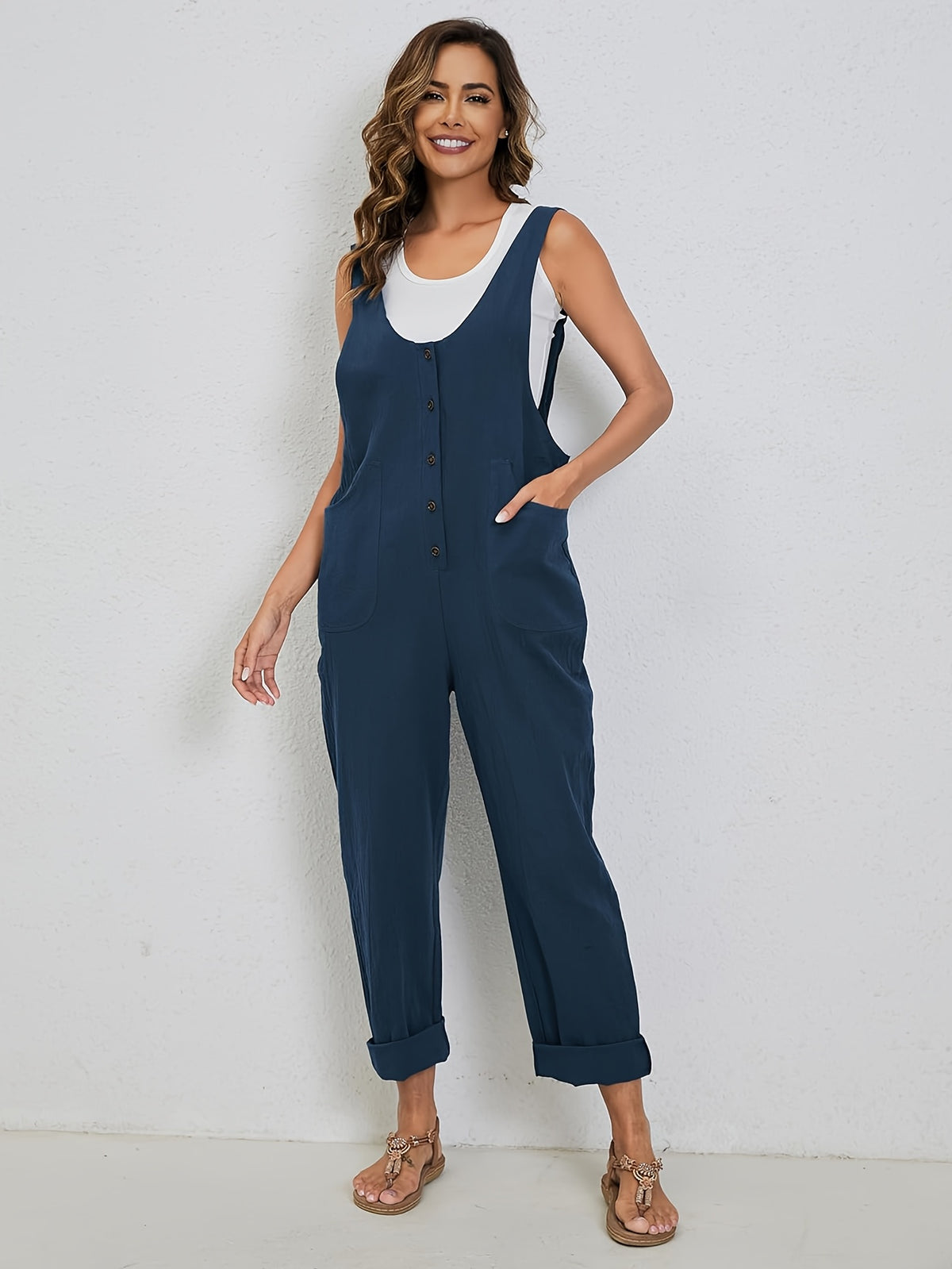 Linen Jumpsuit Women Wide Leg Casual Loose Overalls with Pockets Sleeveless Adjustable Strap Summer Palazzo Pants Romper Beige Black XS-XXL