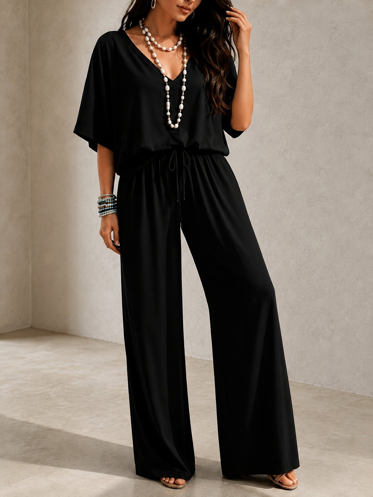 Women's 2-Piece Pants Set Double V-Neck Batwing Sleeve Top & High Waist Wide-Leg Pants Bohemian Vacation