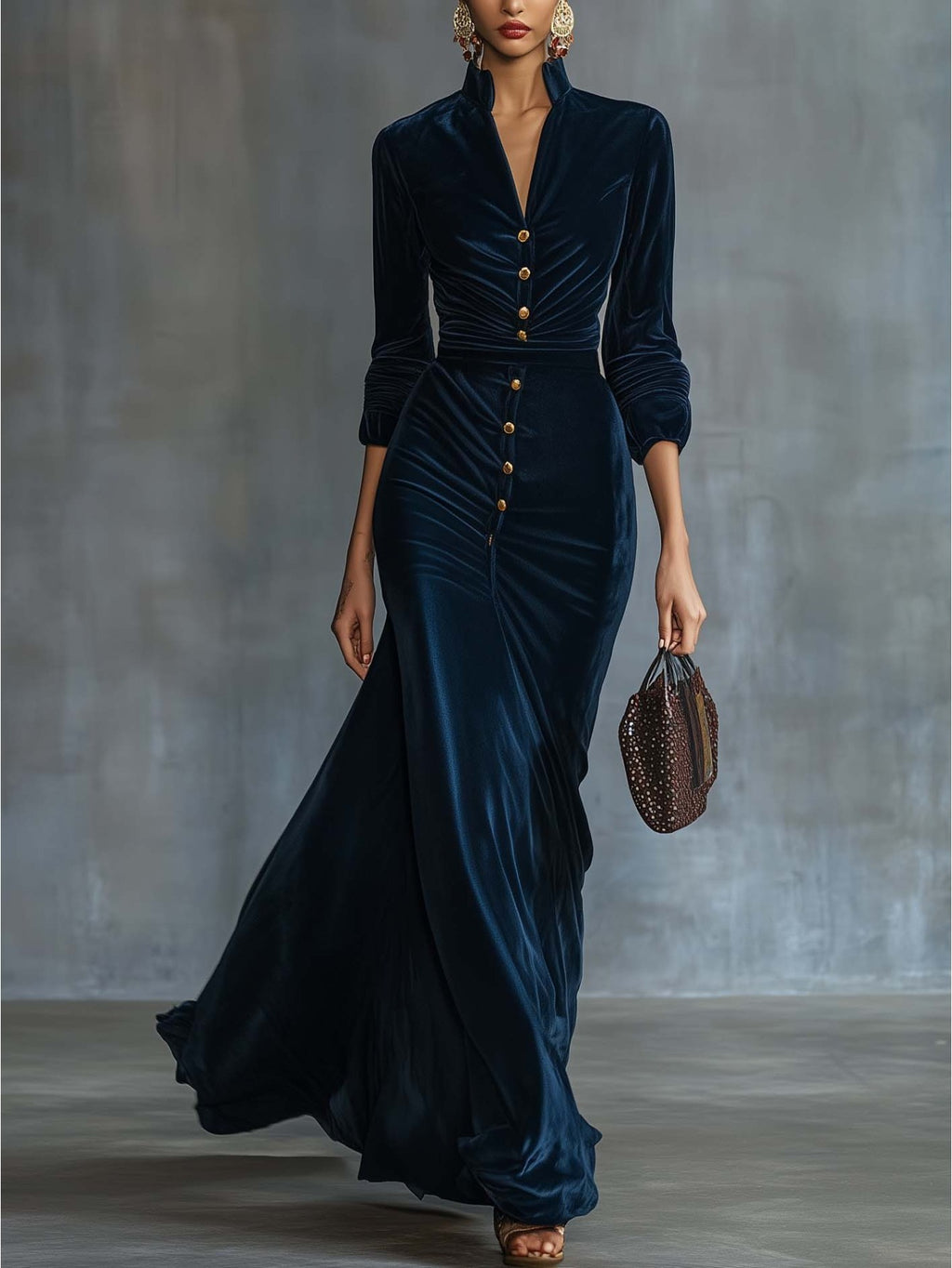 Navy Velvet Fishtail Dress Women Stand Collar Golden Buttons Waist-Defining Mermaid Hem Evening Party Glamorous Formal Dress