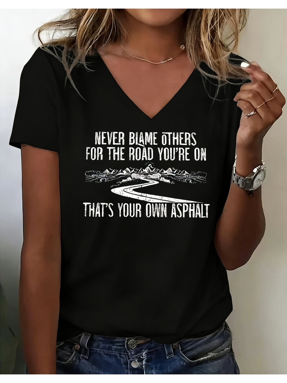 Women's V-Neck Short Sleeve Inspirational Print T-Shirt "Never Blame Others" Casual Breathable Top Multi-Color S-XXL