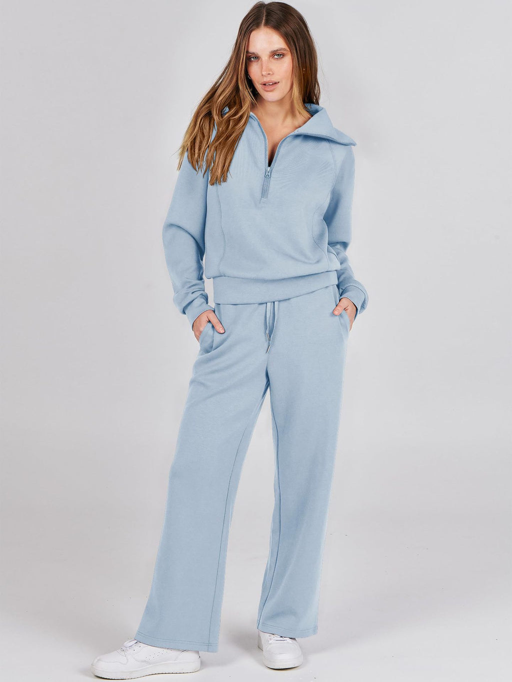 Zipper Sweatshirt Wide-Leg Pants 2 Piece Set Women Casual Tracksuit Outfit for Spring Fall - Loose Fit Jogger Co-ord Set