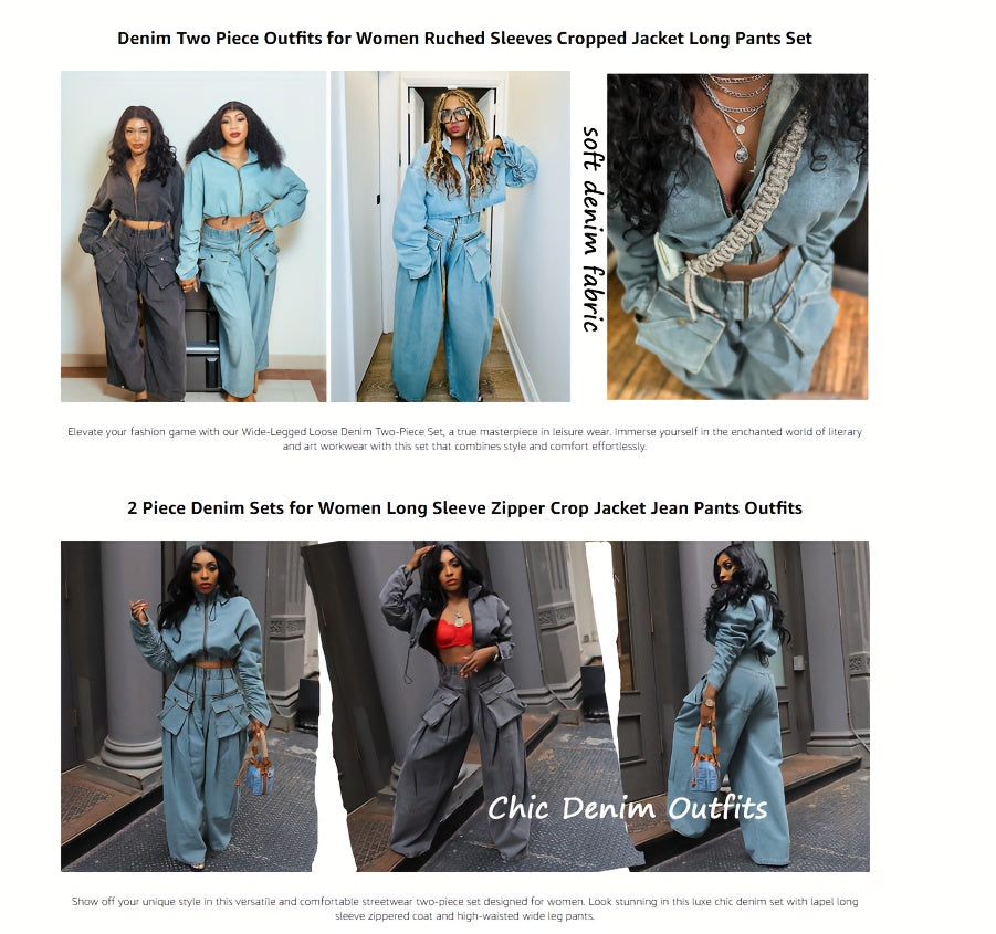 Denim 2-Piece Set Women Ruched Zip-Up Cropped Jean Jacket Wide Leg Pants Chic Matching Outfit Black Sky Blue S-XXL