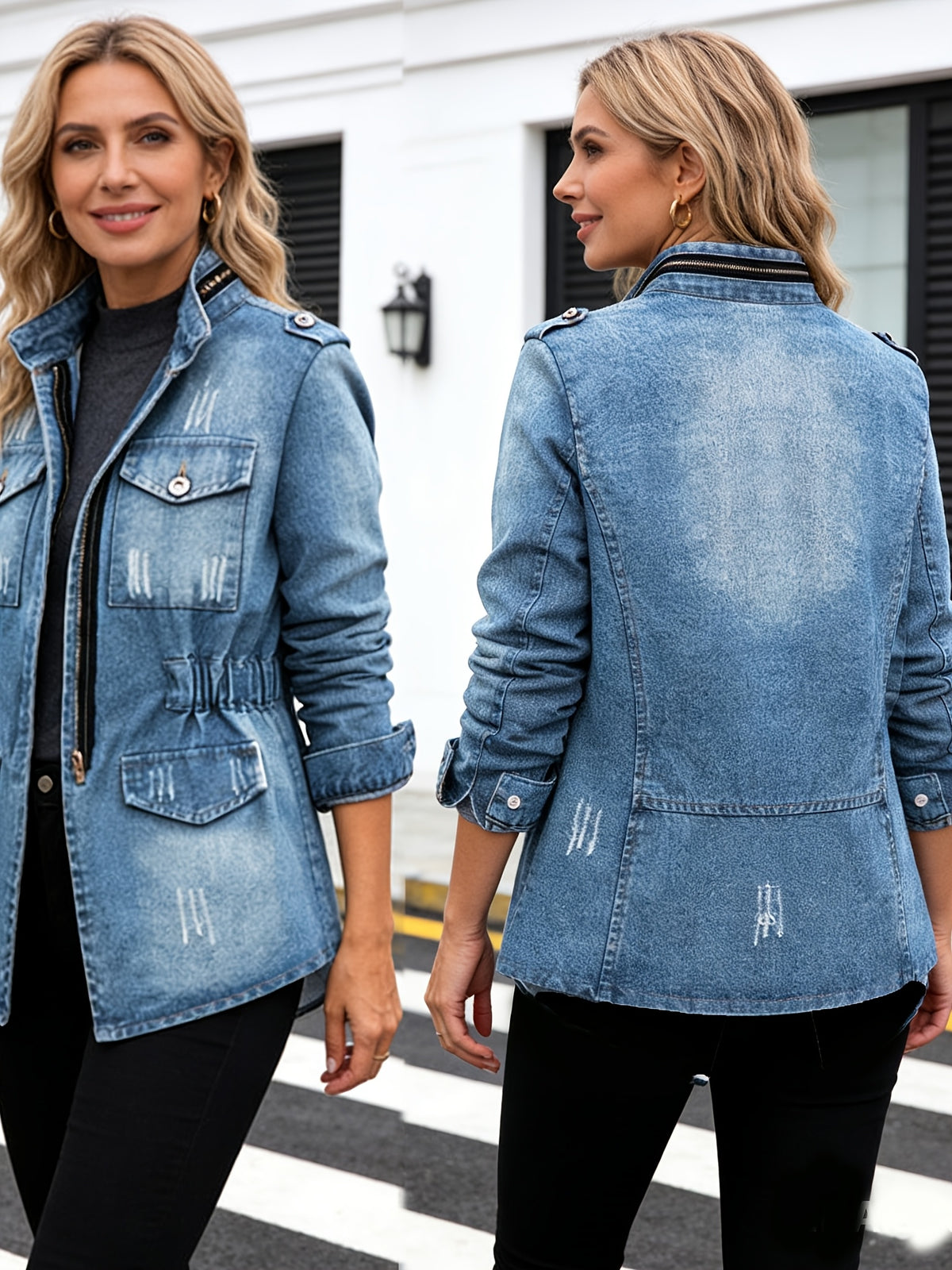Round Neck Three Quarter Sleeve Short Denim Jacket Women Casual Daily Outfit Spring Autumn Jean Coat Blue Light Blue