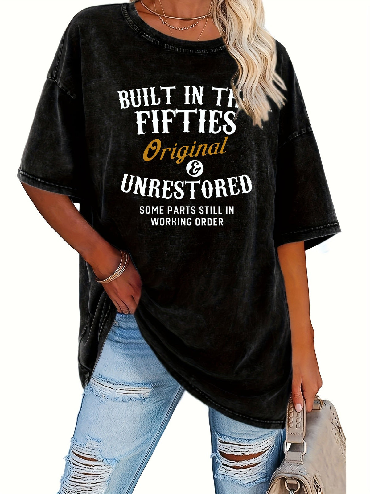 Retro Washed Print Loose T-Shirt for Women - 230g Thick Crew Neck Short Sleeve Street Style Casual Tee Spring Summer Machine Washable