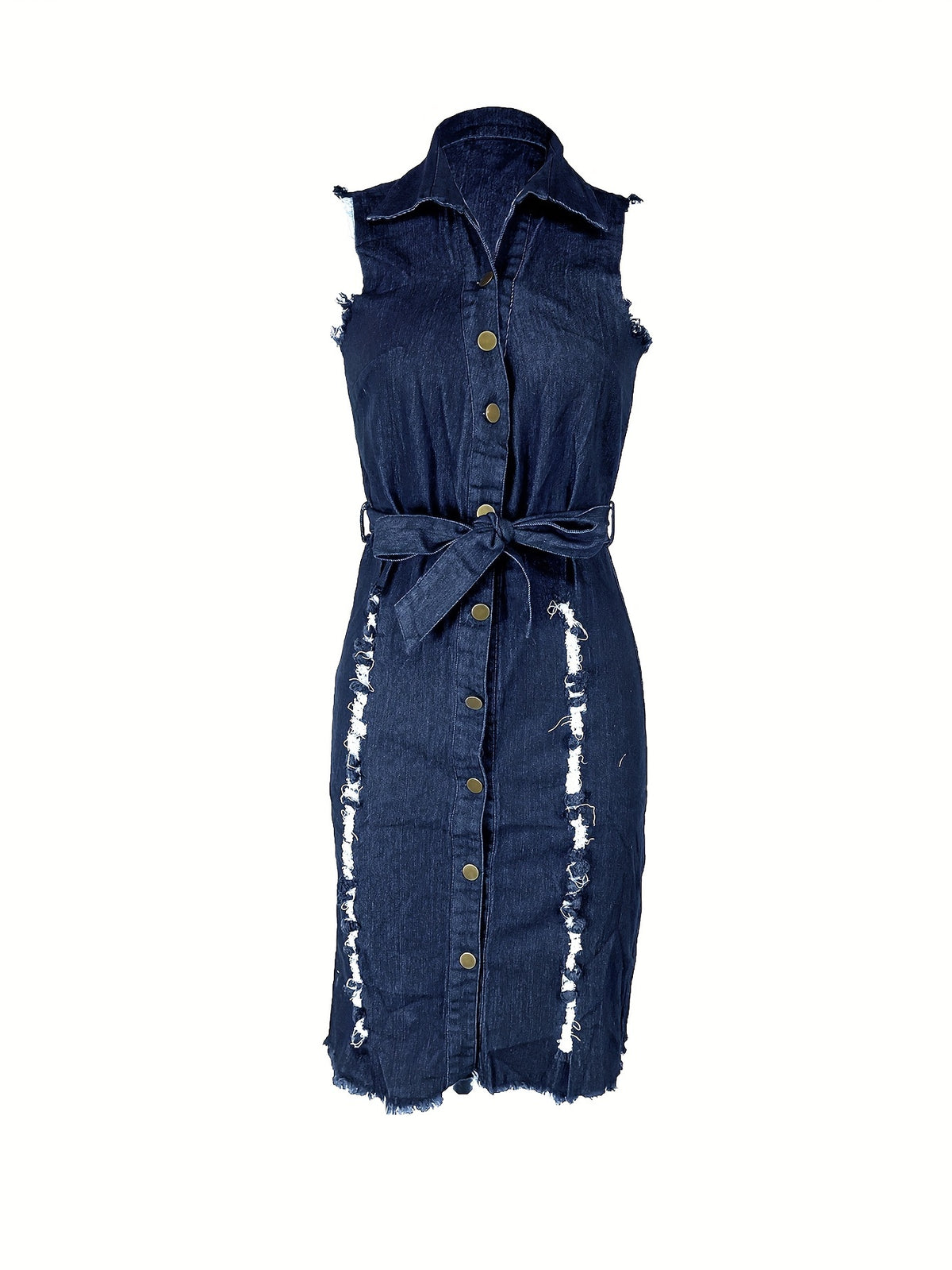 Ripped Denim Shirt Dress Women Button Front Slim Fit Hip Hugging Distressed Edge Burr Casual Dark Blue S-XXL