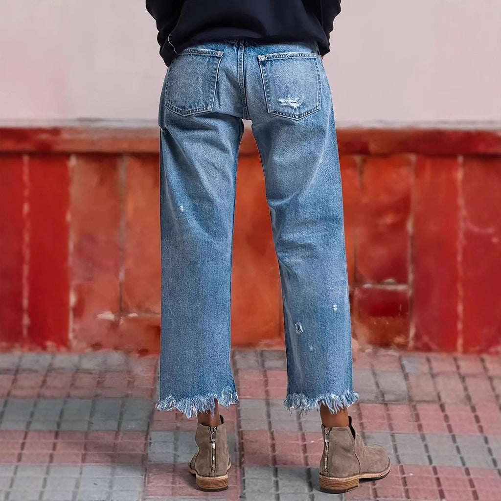 Tassel Hem Slim Jeans for Women Casual Straight Leg Blue Denim Pants All-Match Fringe Trouser Legs Everyday Fashion S-XXL