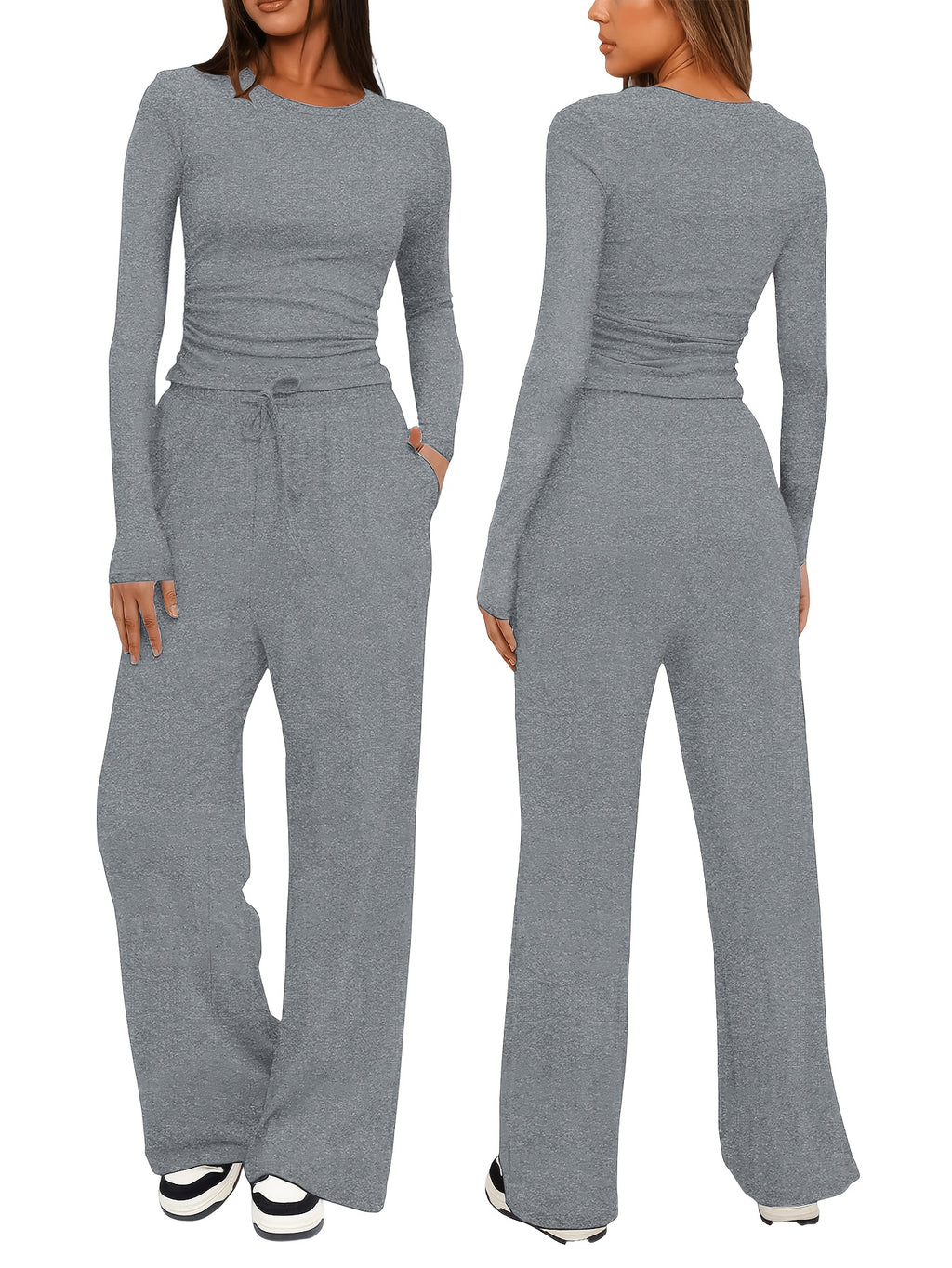 Women's 2 Piece Loungewear Set Casual Long Sleeve Top & High Waist Wide Leg Pants Sweatsuit Matching Outfit