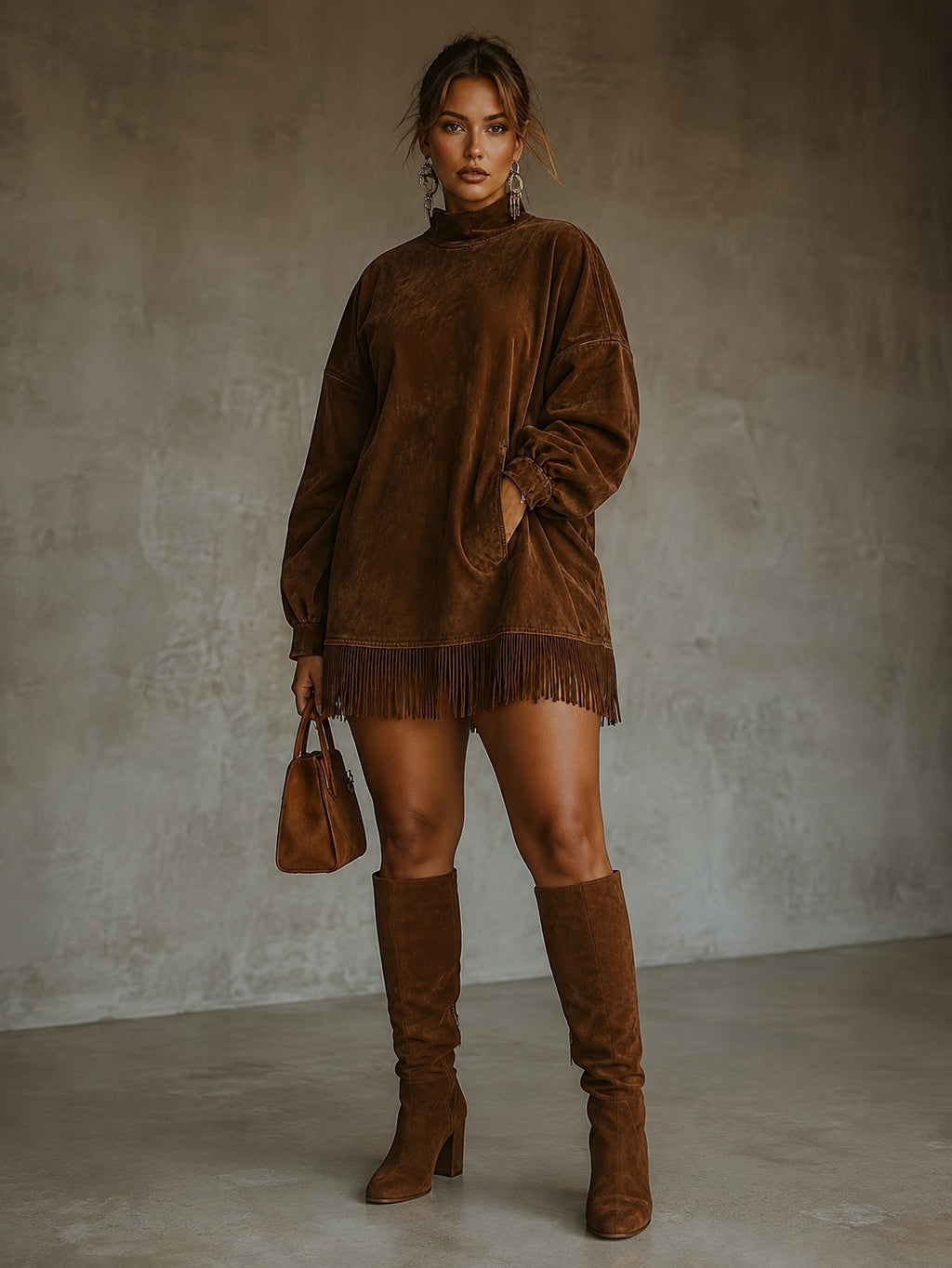 Fringed High Neck Long Sleeve Midi Dress Women | Retro Tassel Pleated Skirt | Loose Casual Dress XS-L