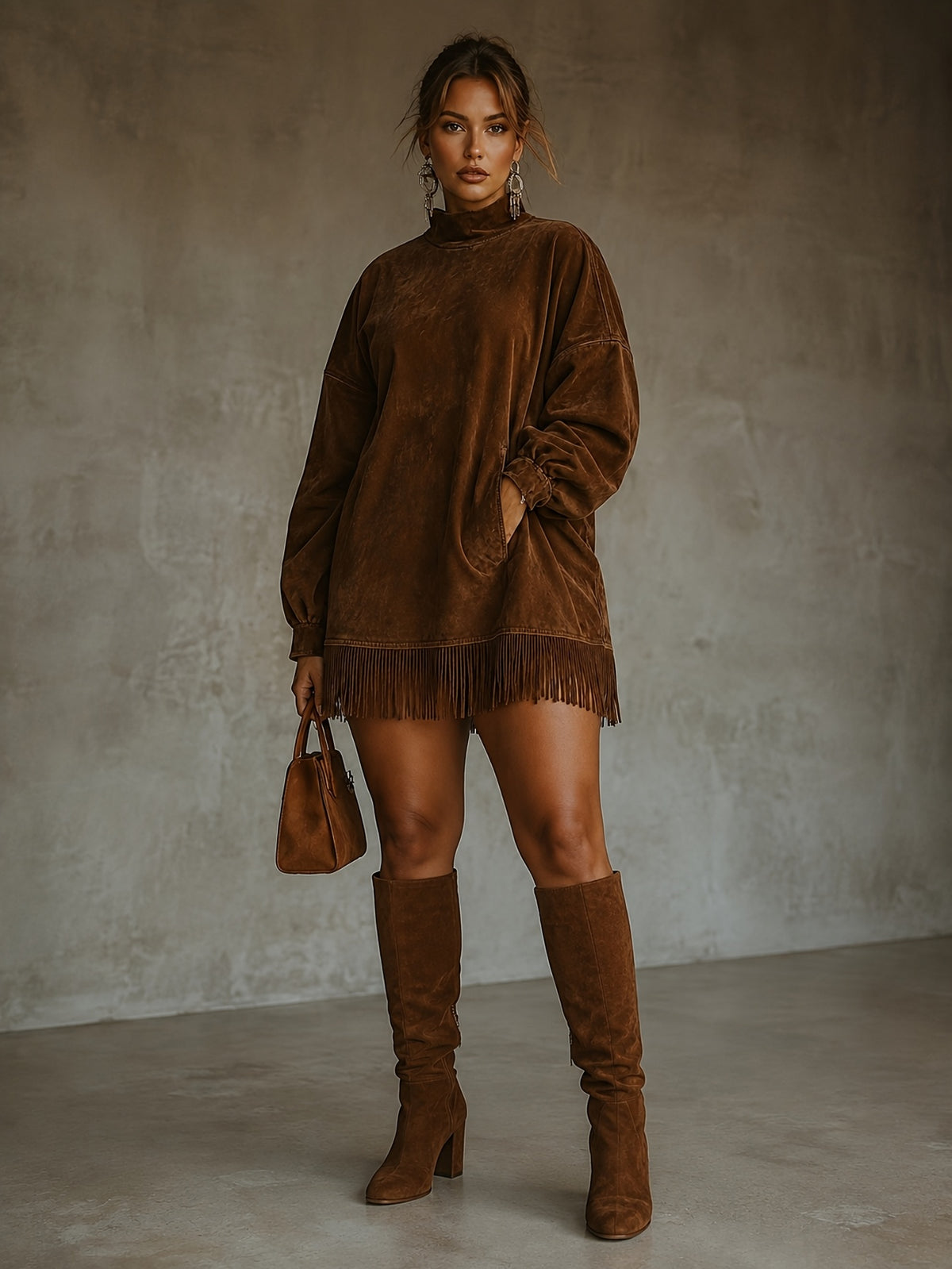 Fringed High Neck Long Sleeve Midi Dress Women | Retro Tassel Pleated Skirt | Loose Casual Dress XS-L