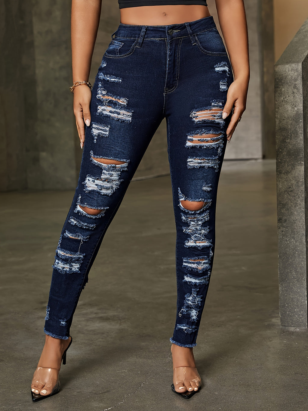Women's High-Stretch Skinny Jeans Dark Blue Distressed Semi-Sheer Denim Mid-Rise Waist All-Season Casual Wear