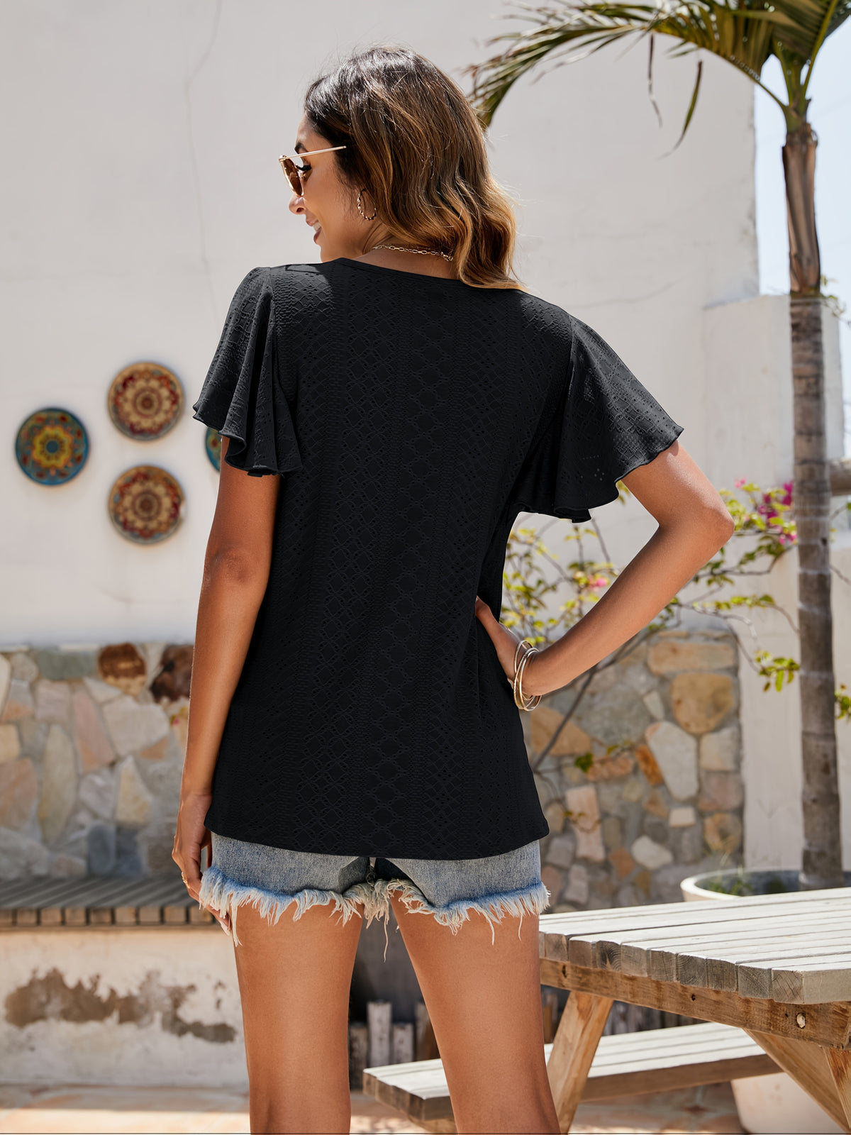 Ruffle Sleeve Hollow Out Blouse for Women | Lotus Leaf Sleeve Casual Top | Breathable Lace Trim Short Top | Chic Spring Summer Women's Shirt