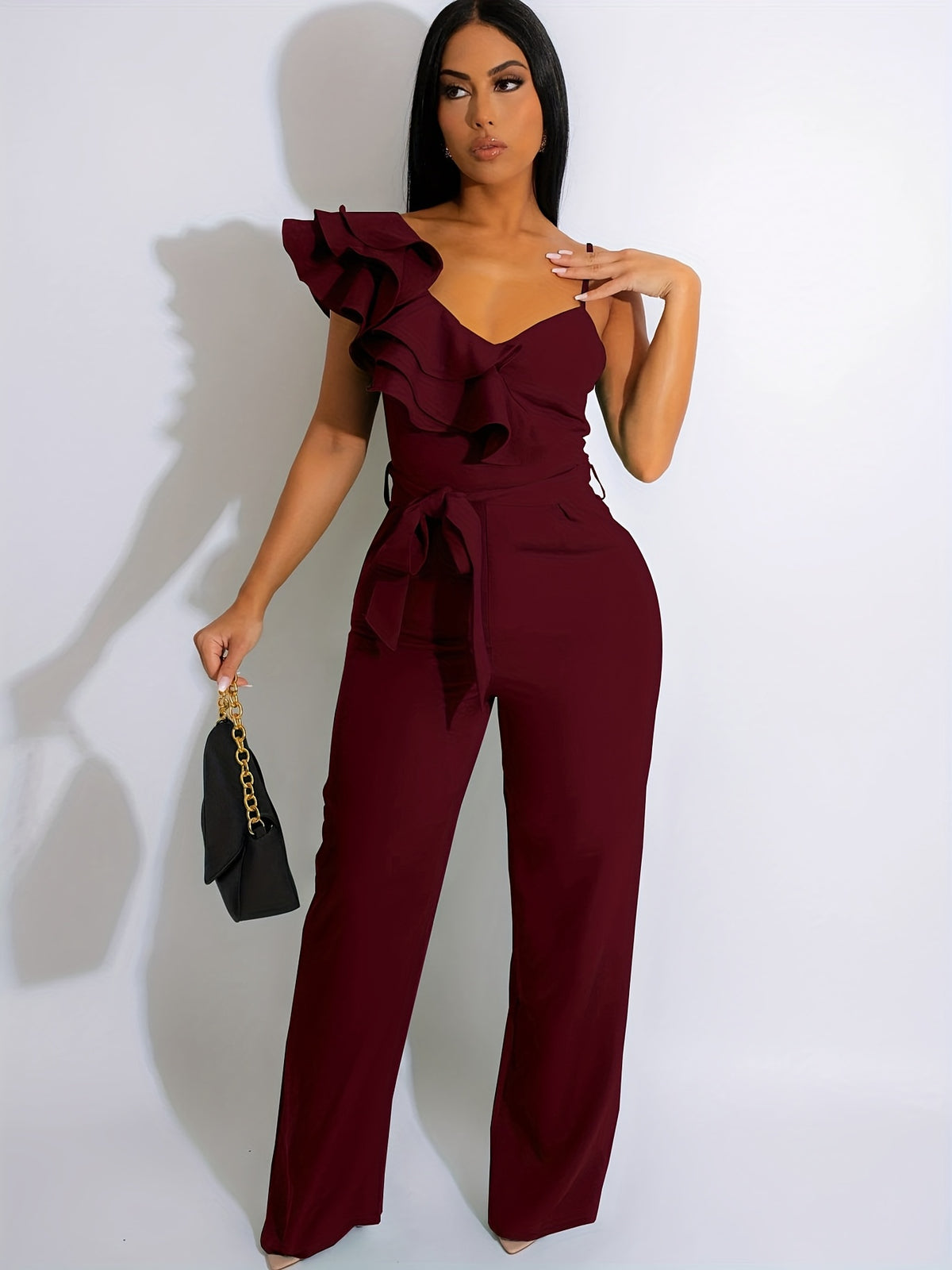 Wide Leg Ruffle Jumpsuit for Women, V-Neck Sleeveless Elegant Romper, Sexy Party Clubwear One Piece Overalls, Asymmetric Spaghetti Strap Summer Jumpsuit