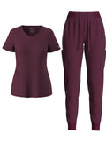 V Neck Scrub Top Drawstring Pants 2pcs Set Women Elegant Short Sleeve Solid Lounge Outfit 8 Colors