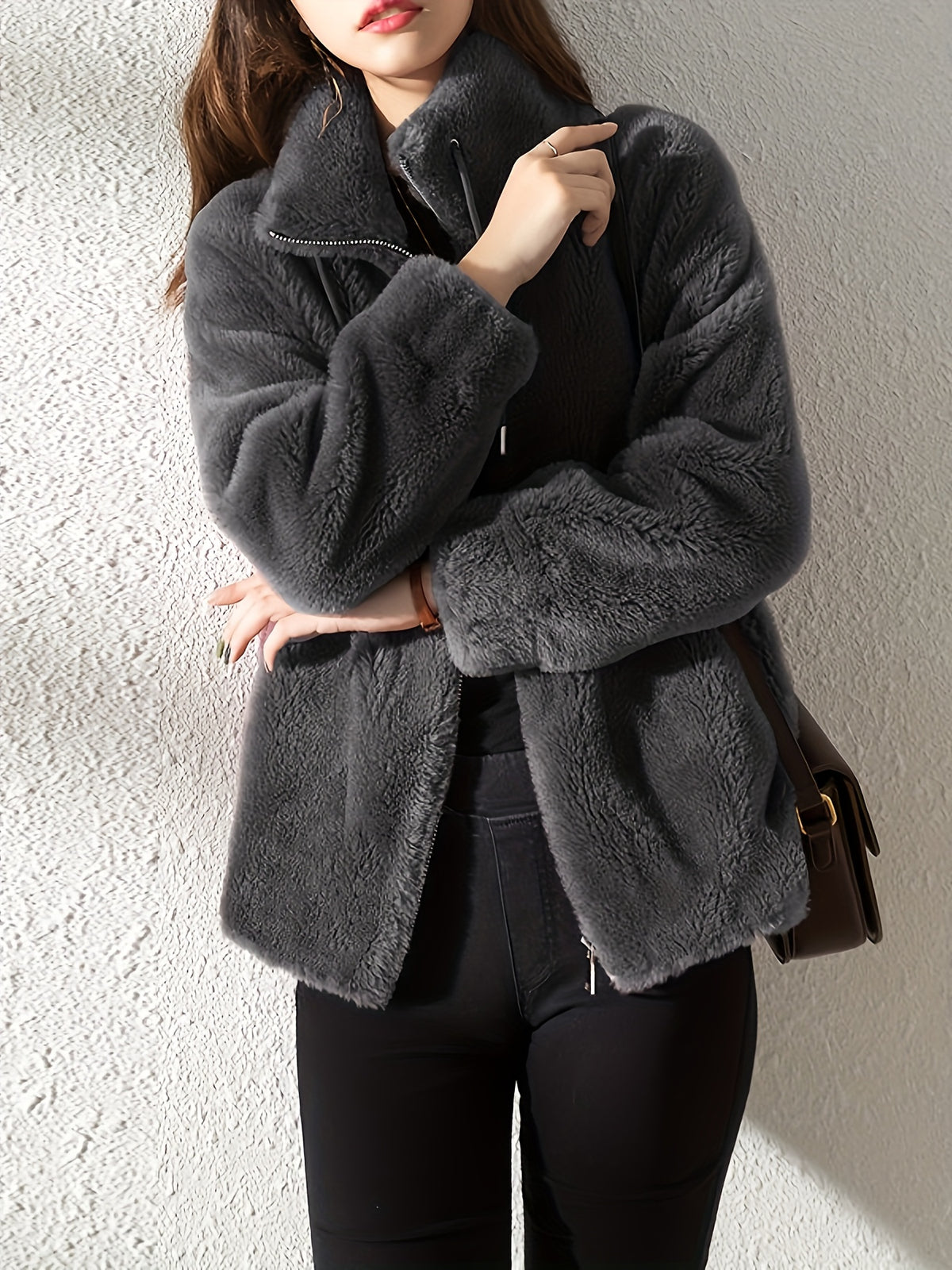 Plush Hooded Zip-Up Jacket for Women Solid Color Fuzzy Sherpa Coat Warm Winter Casual Daily