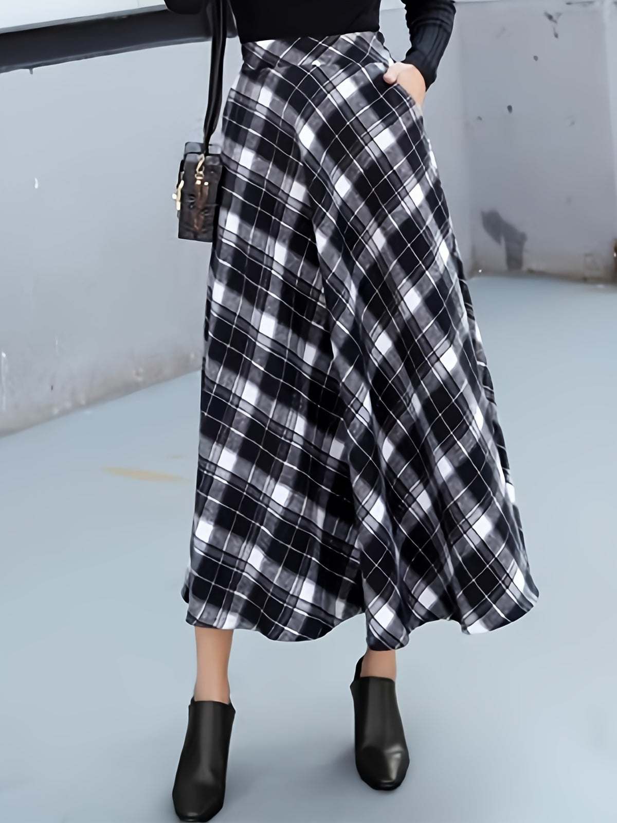 Wool Plaid Maxi Skirt Women A-Line Pleated Elastic Waist Fall Winter Long Skirt Grey M-XXL