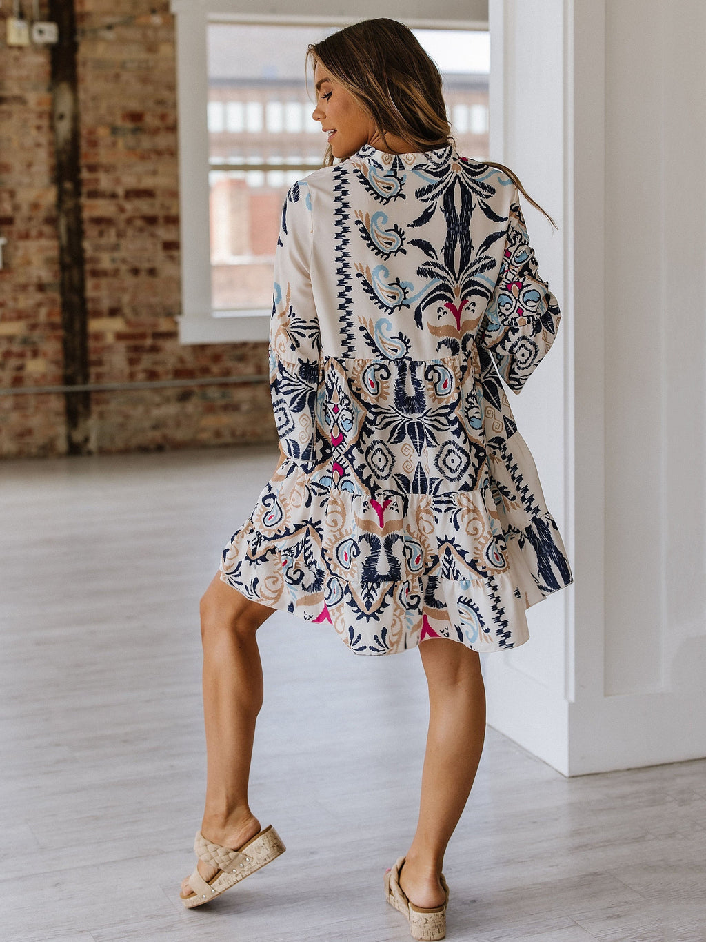 Leopard Print A-Line Dress Women V-Neck Long Sleeve Casual Semi-Formal Office Brunch Lightweight Machine Washable Spring Fall Dress