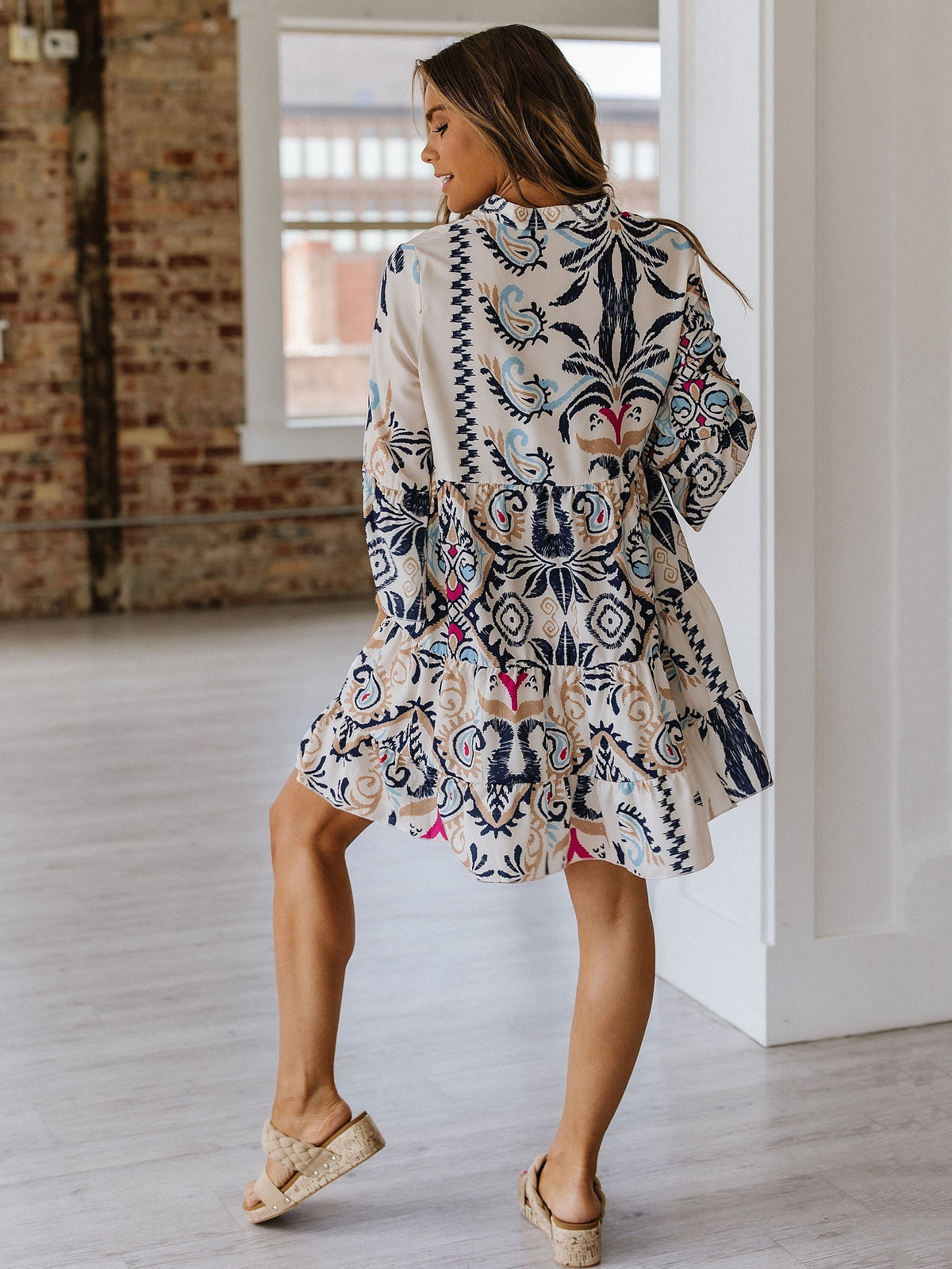 Leopard Print A-Line Dress Women V-Neck Long Sleeve Casual Semi-Formal Office Brunch Lightweight Machine Washable Spring Fall Dress