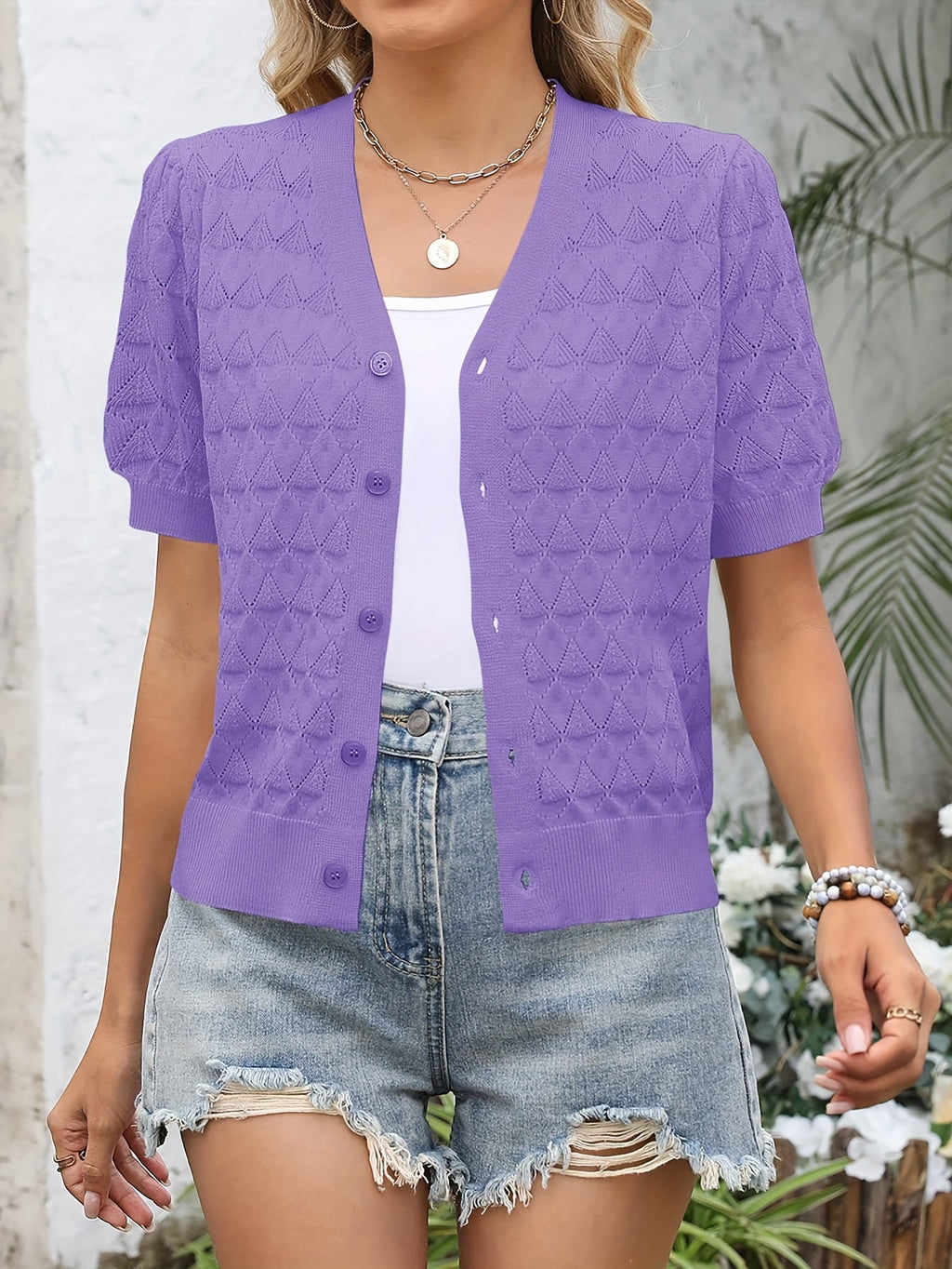 Women's Cropped Crochet Cardigan Puff Sleeve Linen Blend Sheer Lace Knit Short Top Breathable Lightweight Spring Summer Boho Fashion