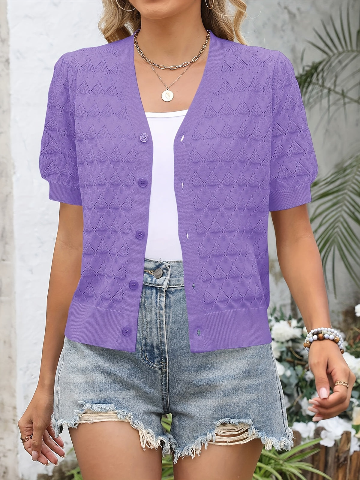 Women's Cropped Crochet Cardigan Puff Sleeve Linen Blend Sheer Lace Knit Short Top Breathable Lightweight Spring Summer Boho Fashion