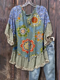 Floral Leopard Patchwork Blouse Women Mixed Print Loose Top Flared Three-Quarter Sleeves Casual Boho Chic Fashion Top S-XXL