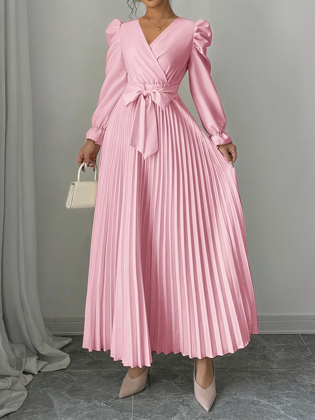 V-Neck Bubble Sleeve French Elegant Dress Women Pleated Ruffle Hem Belt Waist Cocktail Party Maxi Dress Spring Summer Formal Evening Wear Multi-Color S-XXL
