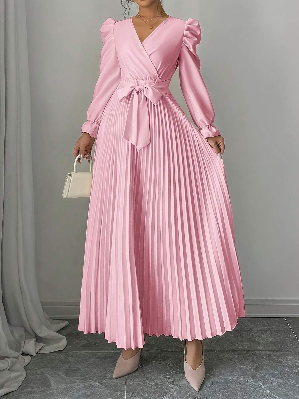 V-Neck Bubble Sleeve French Elegant Dress Women Pleated Ruffle Hem Belt Waist Cocktail Party Maxi Dress Spring Summer Formal Evening Wear Multi-Color S-XXL