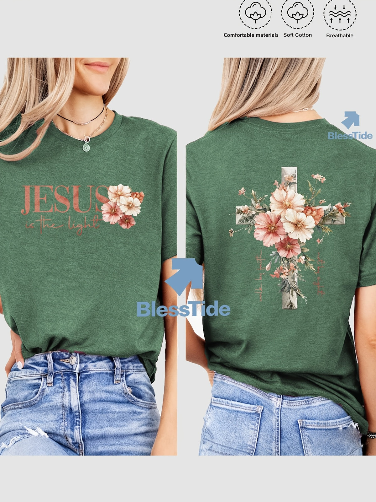 Jesus Floral Cross Double-Sided Print T-Shirt for Women - Faith Inspired Crew Neck Casual Christian Tee Summer Trendy Graphic Top
