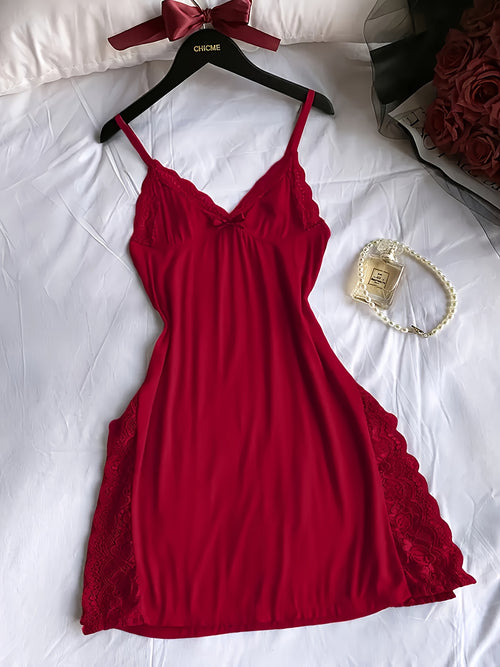 4 Pack Women's Lace Nightdress Solid Color V-Neck Side Slit Sexy Lace Panels Slip Sleepwear Home Dress Spring Summer Fall