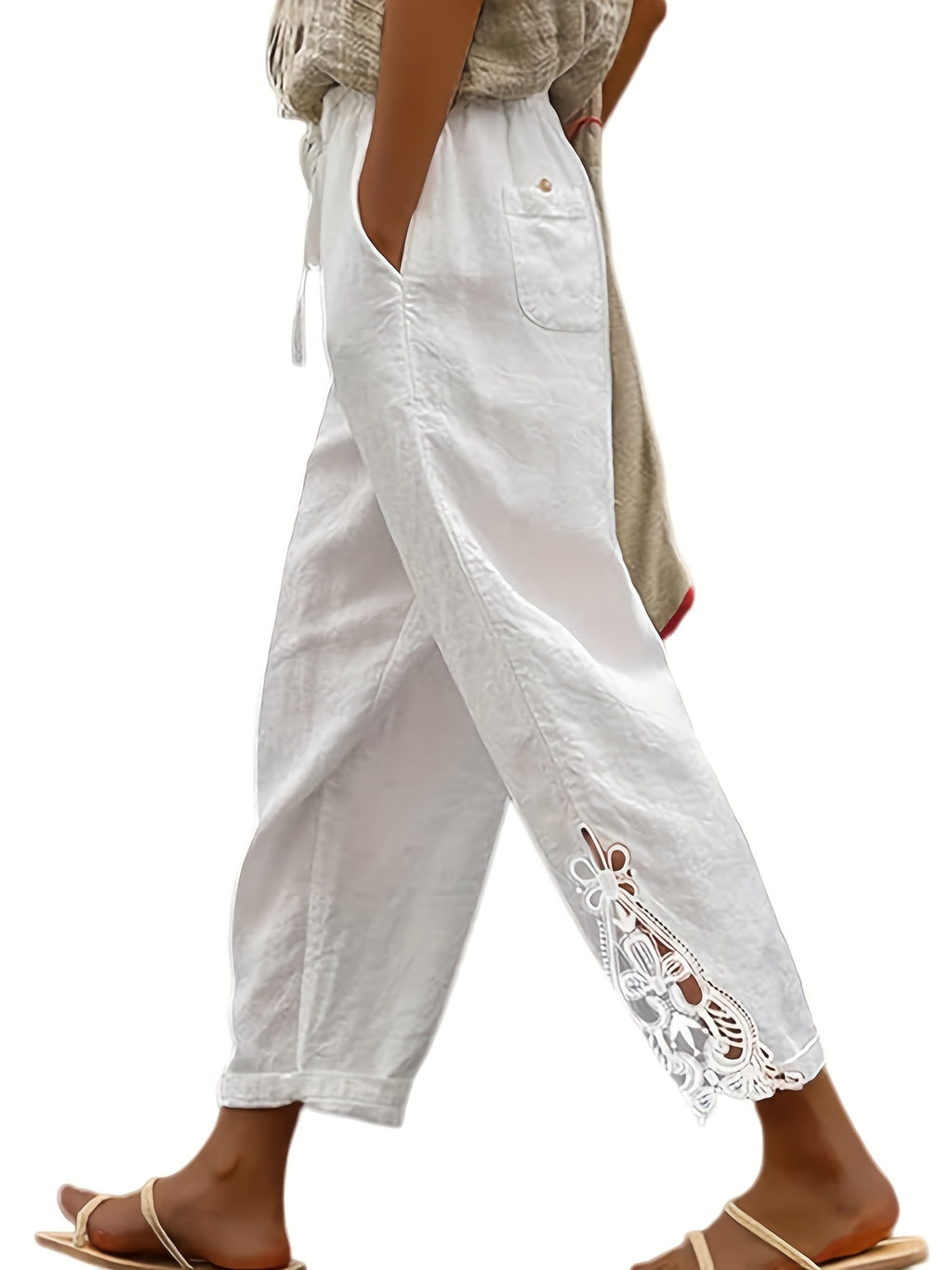 Lace Trim Wide Leg Pants Women High Waist Drawstring Casual Nine-Point Pants White Khaki Black Grey S-XXL