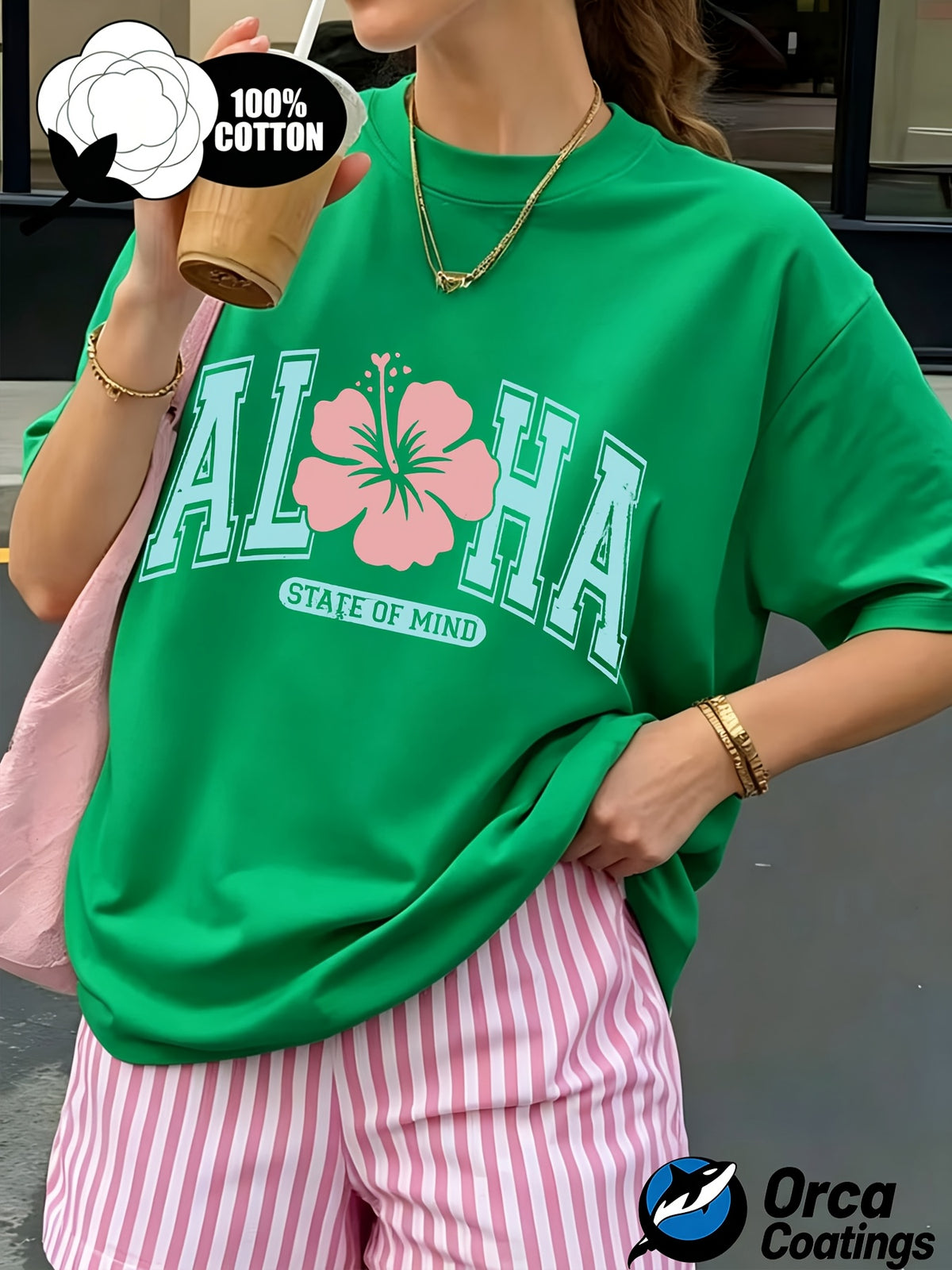 Women's Aloha Hibiscus Graphic Print T-Shirt 100% Cotton Crew Neck Short Sleeve Summer Beach Casual Tee
