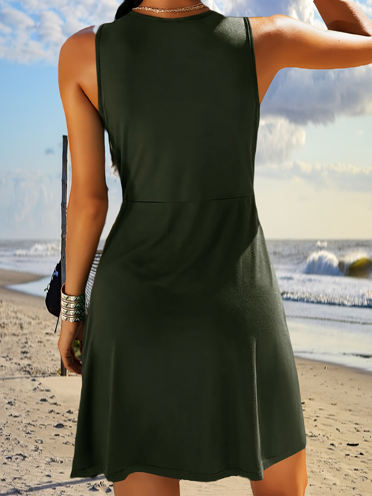 Solid Color V-Neck Knot Tank Dress Women Sleeveless A-Line Knee Length Knit Casual Summer Dress 12 Colors S-XXL