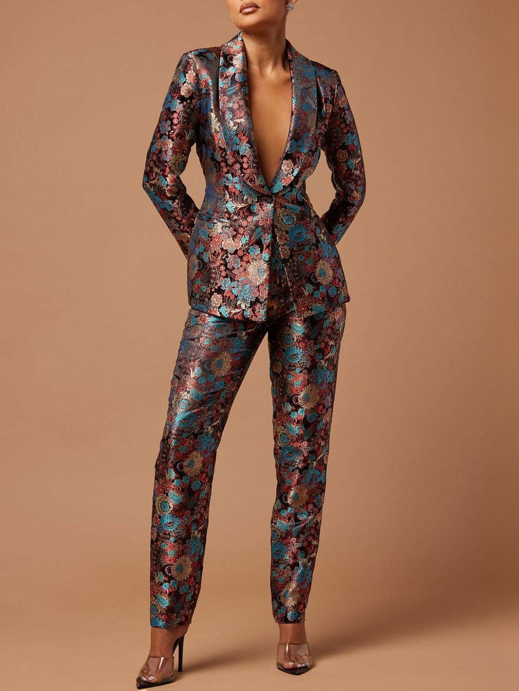 Floral Jacquard Suit Set Women Long Sleeve Satin Blazer and Straight Leg Pants V-Neck Pocket Formal Wedding Guest Red Carpet Outfit Rose Red Brown S-XXL