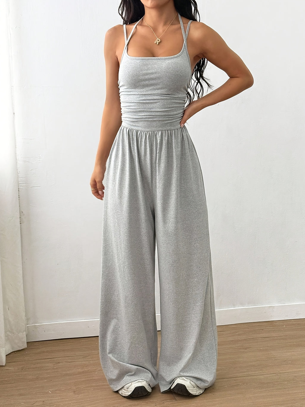 Pleated Loose Fit Jumpsuit Women Casual Wide Leg One Piece Outfit Spring Summer Light Grey Navy S-XL