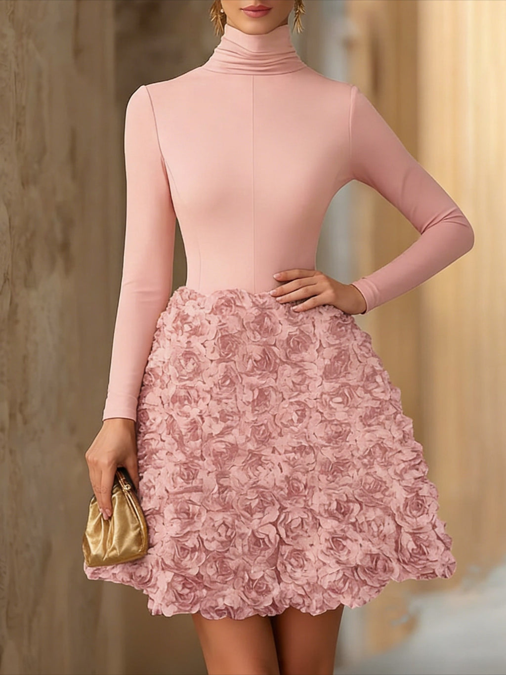 3D Rose Mini Dress for Women High Neck Retro Elegant Court Style Formal Dinner Party All Season Evening Dress