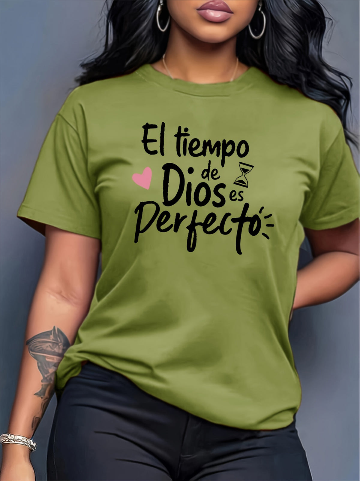 Olive Green Inspirational Graphic T-Shirt for Women – "God's Timing is Perfect" Letter Print Short Sleeve Casual Top, Soft Stretchy Machine Washable