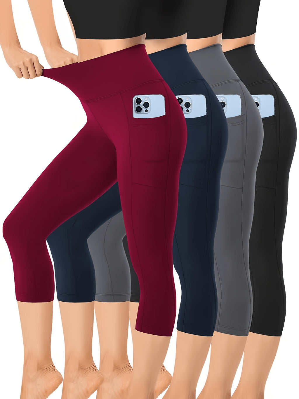 High Waist Capri Leggings with Pockets Women 4-Way Stretch Gray Workout Pants M-XXL Spring Summer Fall