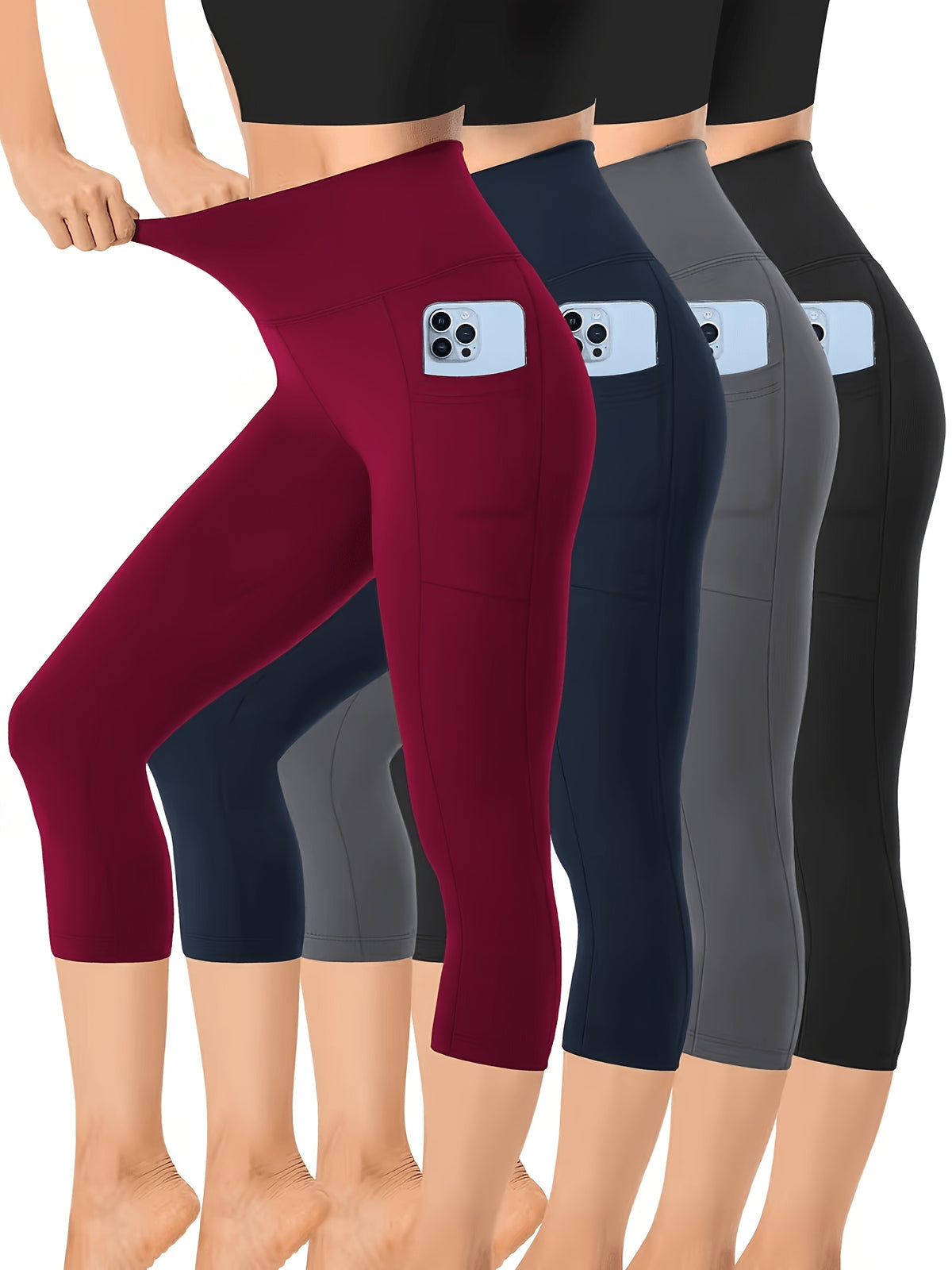 High Waist Capri Leggings with Pockets Women 4-Way Stretch Gray Workout Pants M-XXL Spring Summer Fall