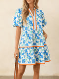 Puff Sleeve Floral Mini Dress Women Boho V-Neck Loose Flared Hem Lightweight Beach Vacation Dress Summer S-XXL